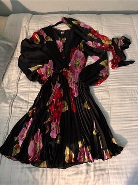 Black Floral Pleated Midi Dress with Waist Tie